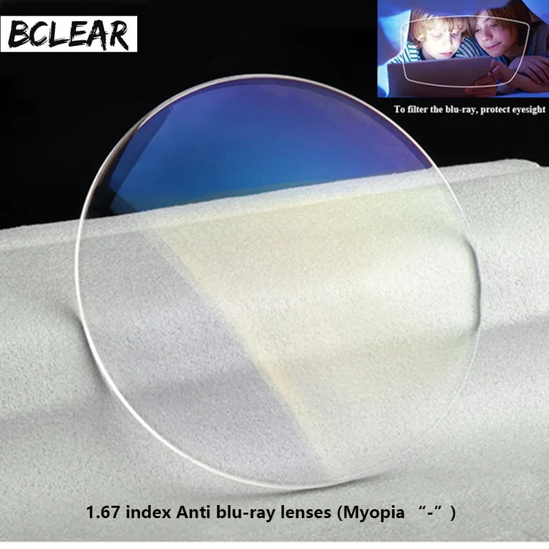 BCLEAR 1.67 굴절률 안티 블루 레이 렌즈 단일 비전 렌즈 근시 푸른 빛 눈 보호 안경 높은 색인 얇은