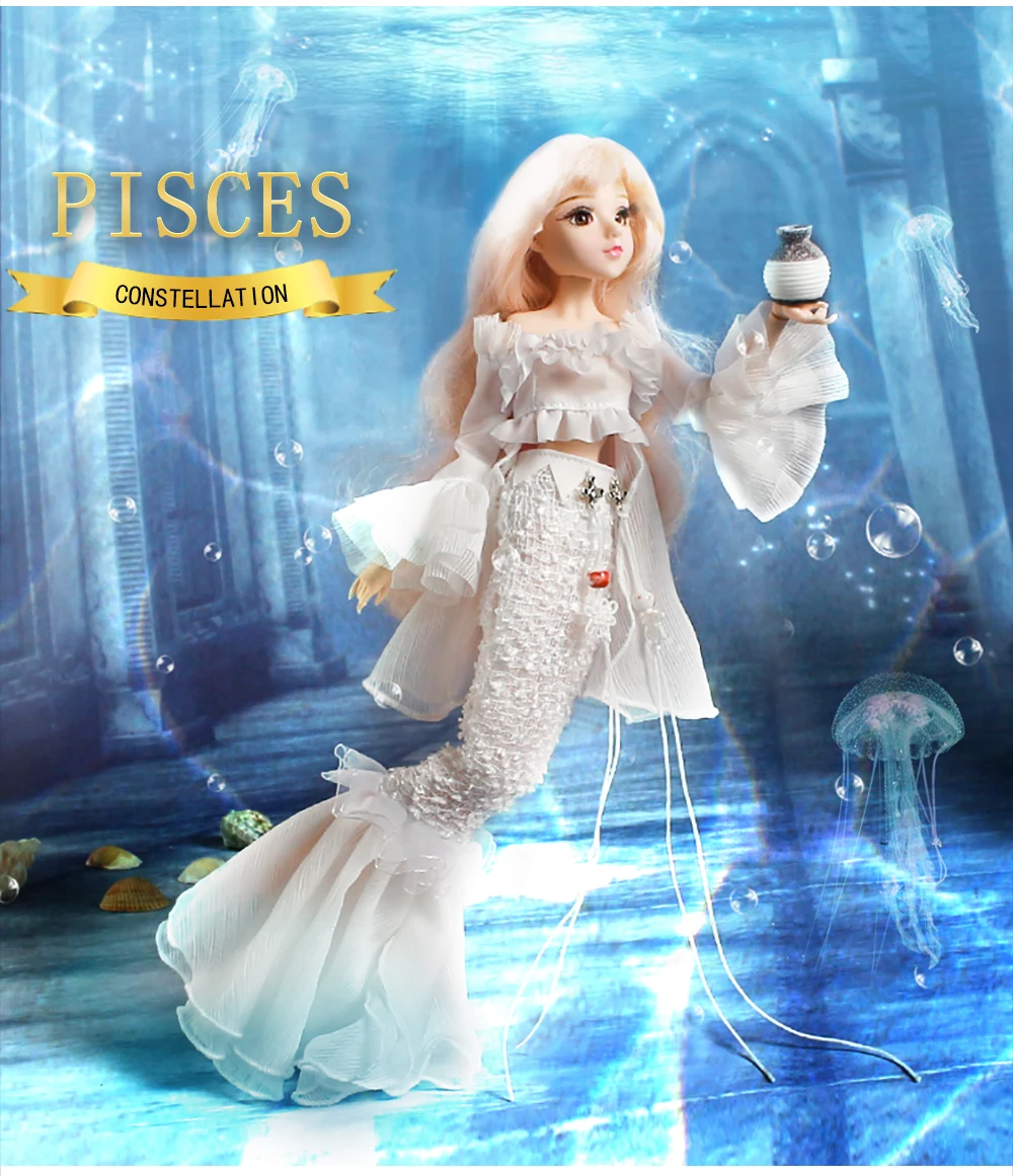 

MMG Free shipping fortune days BJD doll 12 constellations Pisces with white lace outfit shoes stand necklace joint body toy gift