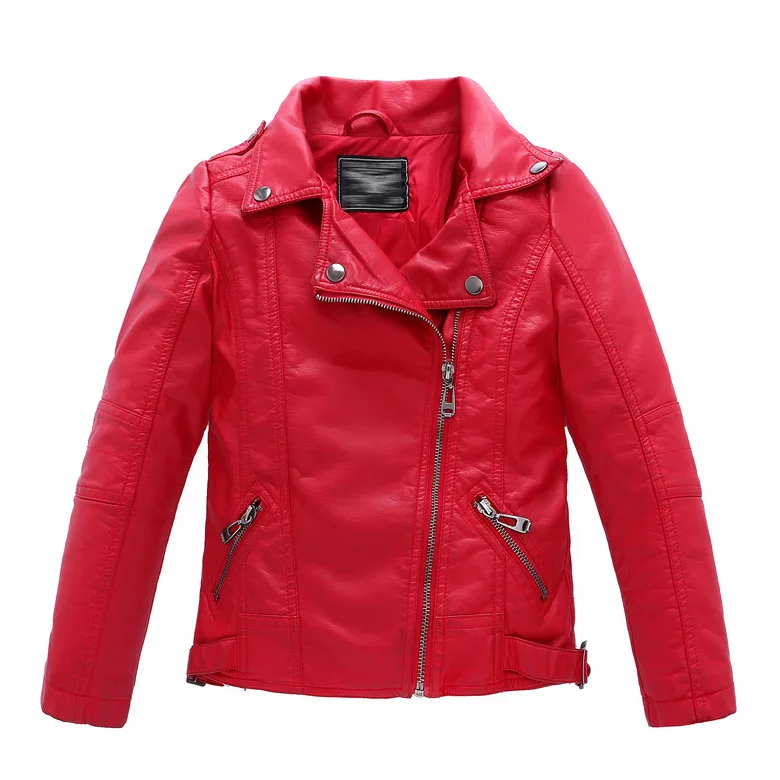 Детские кожаные Мотокуртки для девочек Весна и Осень Куртки для девочек и мальчиков от 2 до 12 лет из искусственная(-ый) искусственной кожи пальто и верхняя одежда - Цвет: Красный