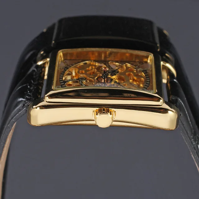 2018 Winner Brand Retro Casual Series Rectangle Dial Design Golden Pattern Hollow Skeleton Watch Men Top Luxury Mechanical Clock