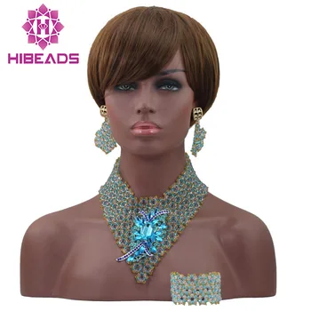 

Handmade Fancy Crystal V-Neck Necklace Bridal African Beads Jewelry Set New Designer Nigerian Accessories Free shipping ALJ842