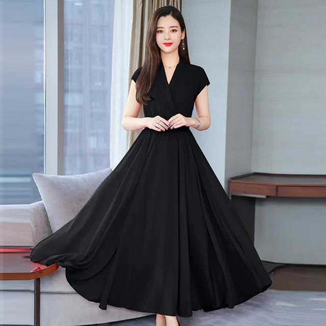 Elegant Women Casual Dress New 2019 Summer Fashion Long Chiffon Dress V ...