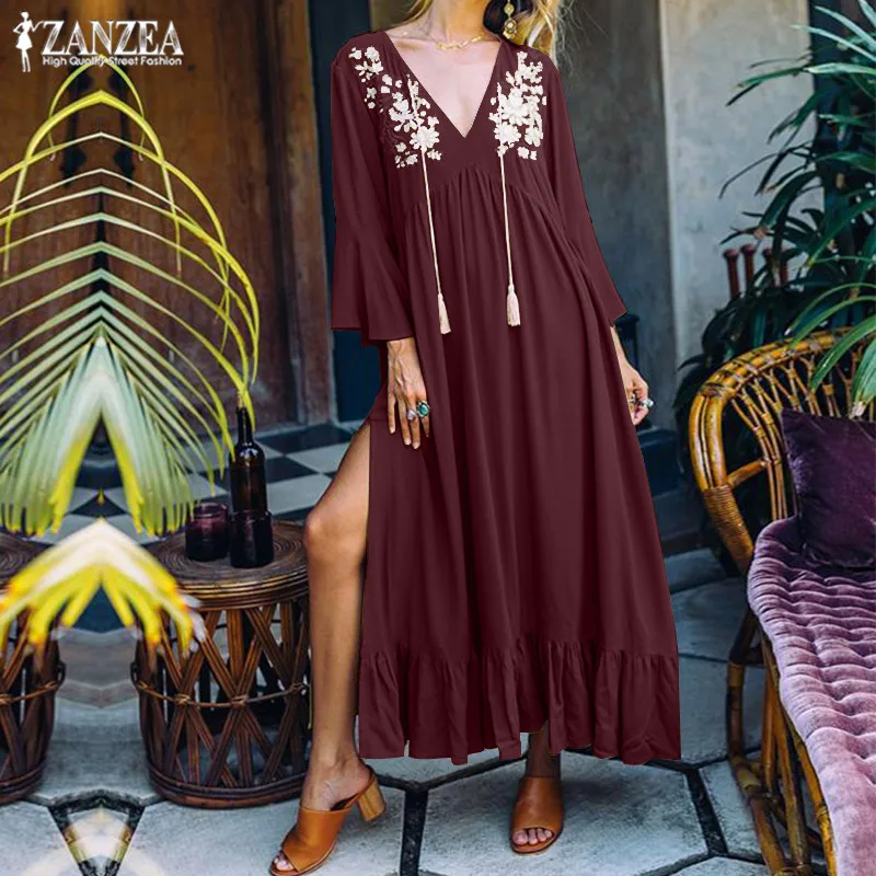 البوهيمي الشاطئ طباعة اللباس المرأة الكشكشة فستان الشمس 2019 ZANZEA مثير V الرقبة سبليت ماكسي Vestidos الإناث مضيئة كم رداء فام