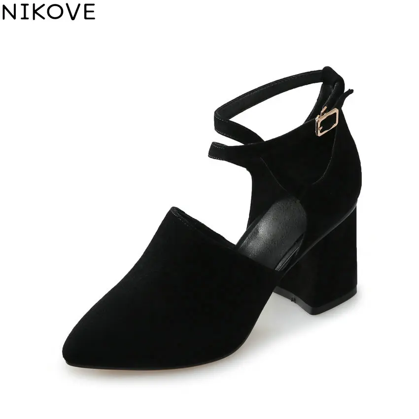 

NIKOVE 2018 Women Pumps Shoes Buckle Strap Square High Heels Pointed Toe Pumps Western Style Cross-tied Women Shoes Size 34-39