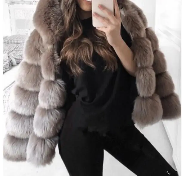 Пальто из искусственного кроличьего меха, женская зимняя куртка с капюшоном размера плюс, элегантное манто Femme Hiver, Меховая куртка для вечеринки, верхняя одежда
