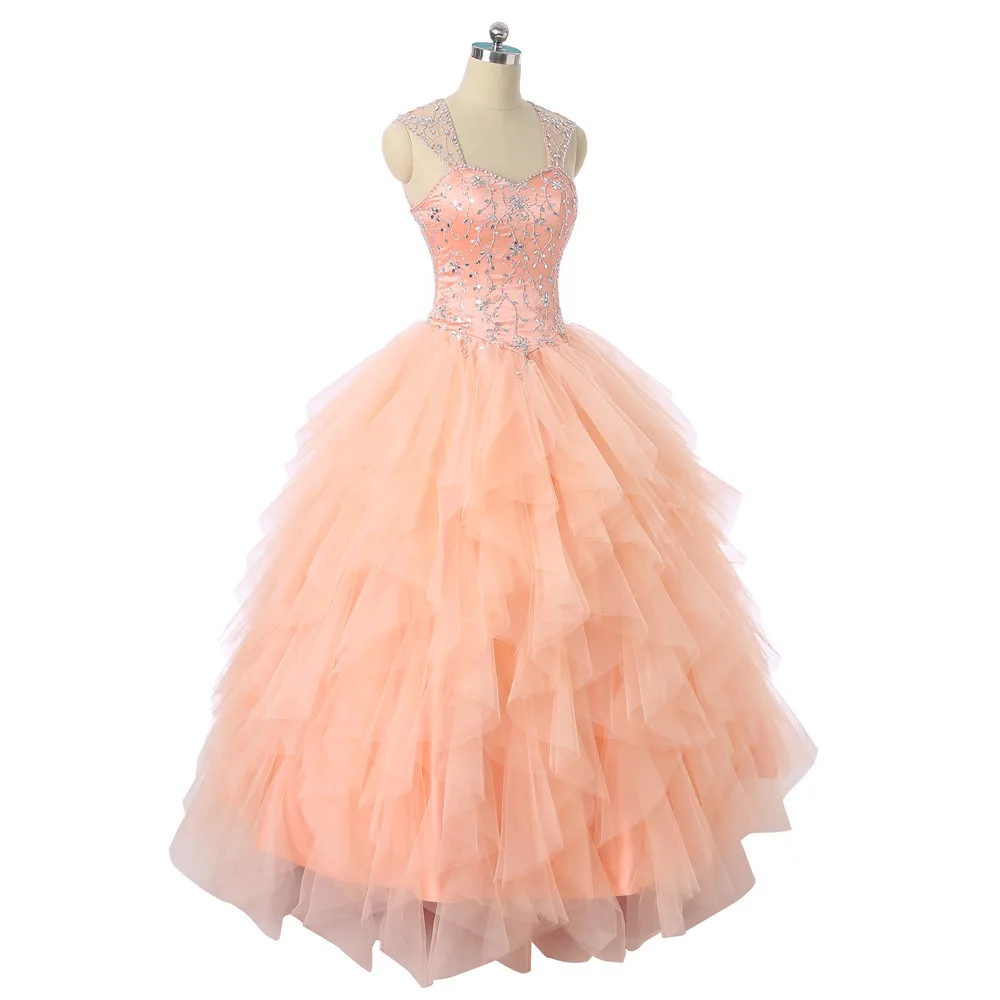 Персиковое недорогое пышное платье бальное платье из тюля с коротким рукавом с кристаллами, бисером, оборками, милое 16 платьев