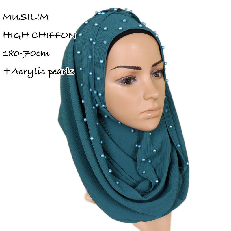 

2018 Women Plain Bubble Chiffon Wrinkle Instant Hijab Shawl Solid Color Beads Headband Scarves Bufandas Muslim Sjaal 180*70Cm