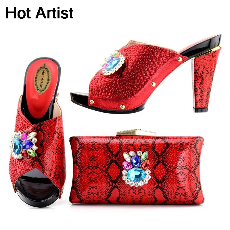 

High Quality PU Leather With Stone Red Color Shoes And Bag Set Italian Desgin High Heels Shoes And Bag Set For Wedding TX-506