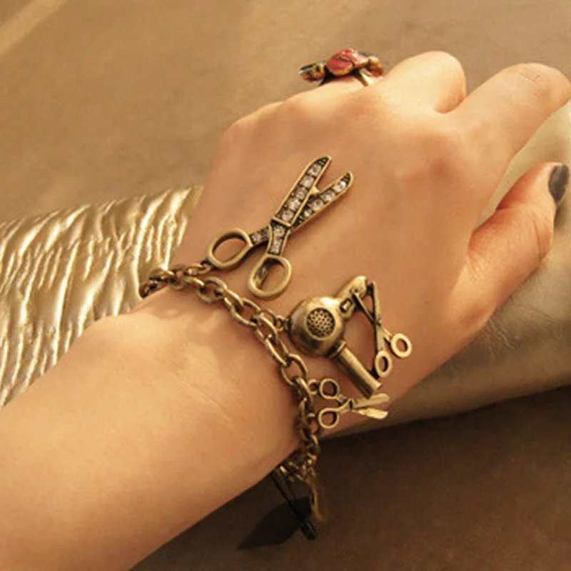 

Fashion Women Multi-element Rhinestone Hand Shear Hair Drier Scissors Comb Charm Hand Chain Retro Style Bracelet Women Jewelry