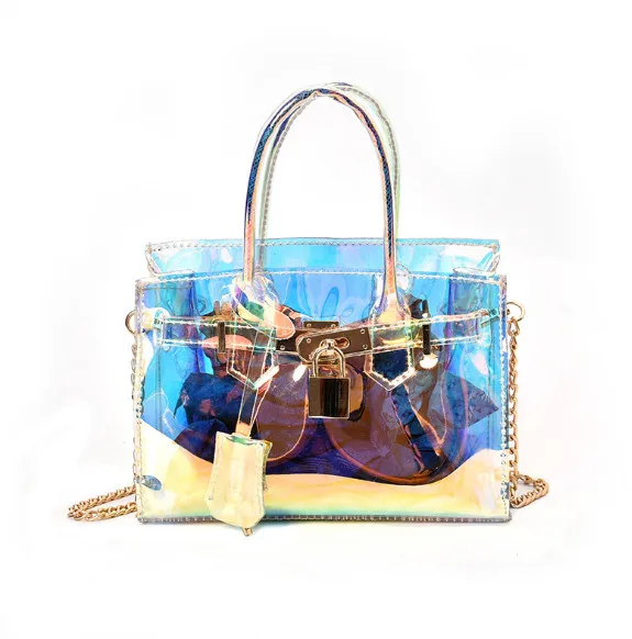 

2018 Summer women"s Korea Dongdaemun Beach Handbags Bright color Laser Transparent Platinum beach bags Women's shoulder bag