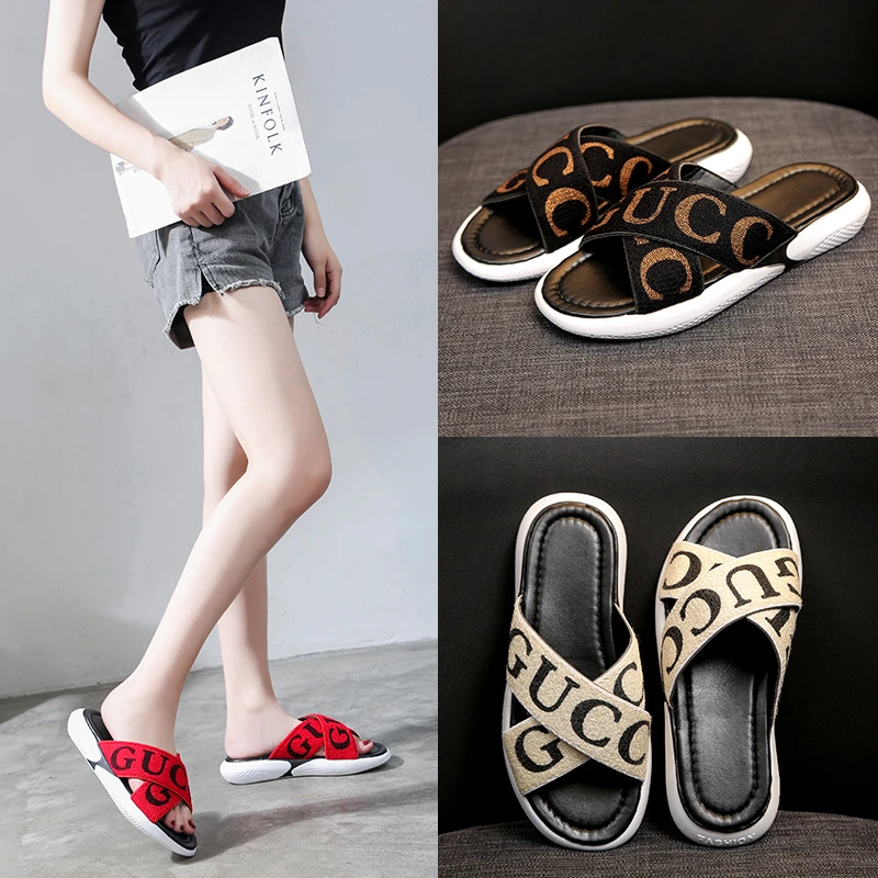 

2019 summer new slippers women wear fashion wild word lazy non-slip sandals and slippers soft bottom cross strap beach slippers