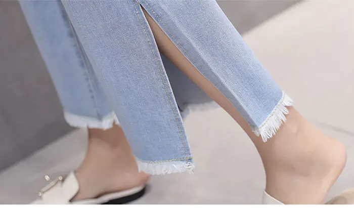 Женские модные широкие джинсы весна лето новые повседневные женские Свободные Студенческие колледж джинсы светло-голубые ноги Сплит