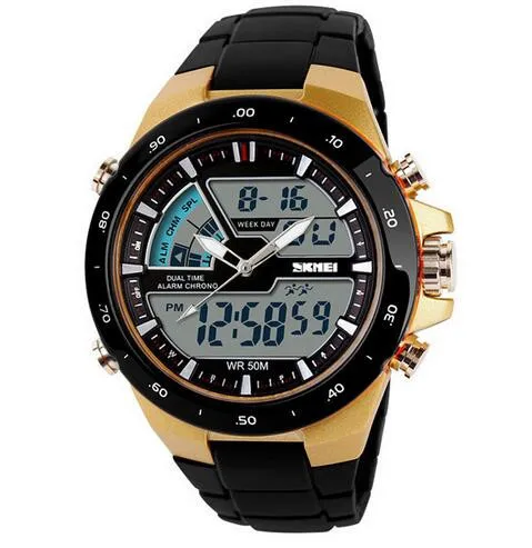 SKMEI кварцевые часы мужские спортивные Relojes мужские часы 5ATM модные цифровые часы Военные многофункциональные наручные часы Montre Homme - Цвет: gold