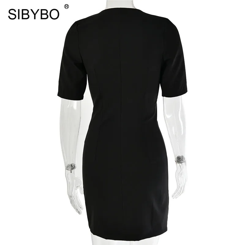 Sibybo, двубортное, мини, летнее платье, женская мода, u-образный воротник, короткий рукав, сексуальные, вечерние, на пуговицах, черное, повседневное, офисное платье