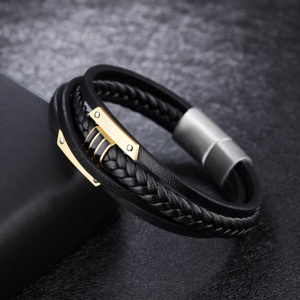 FATE LOVE Punk Male Men Statement Wrap Bracelet Bangles Black Leather Wristlet with Stainless Steel Charm Fashion Jewelry