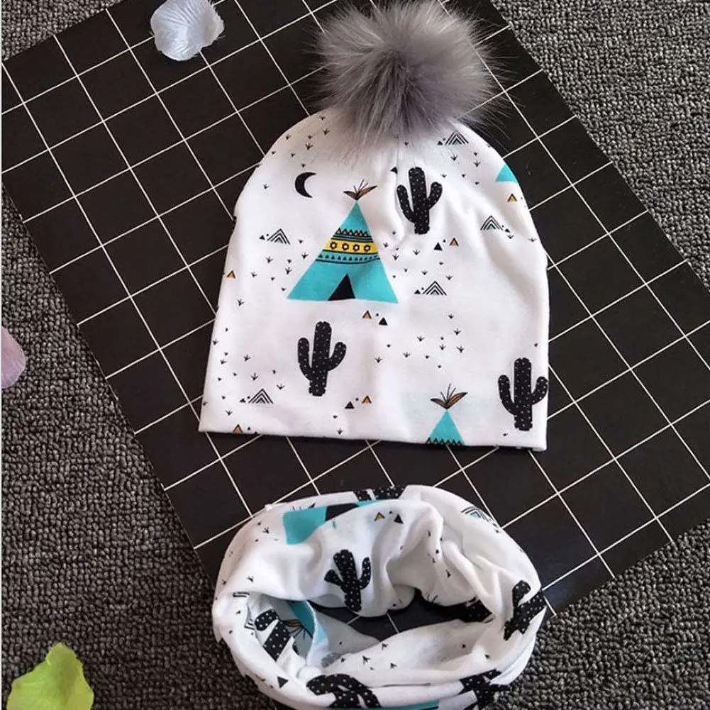 Новая брендовая шапка для новорожденных мальчиков и девочек, зимний теплый вязаный вязаная шапочка с помпоном, шарф, модная шапочка для малыша с героями мультфильма+ шарф, комплект из 2 предметов - Цвет: Cactus