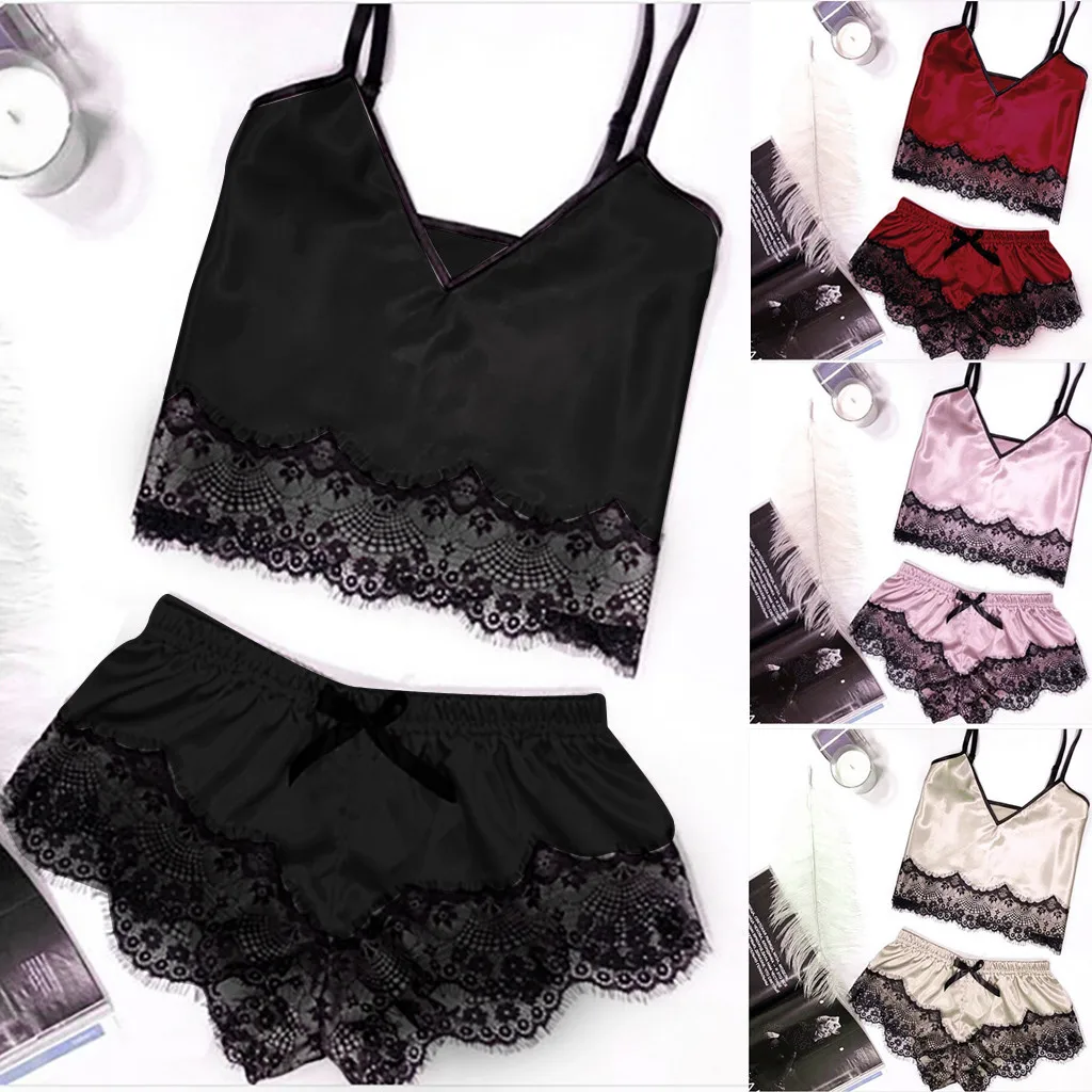 

Womens Sexy Satin Vintage Sling Sleepwear Lingerie Lace Bowknot Nightdress Femmes Floral Seamless Underwear Nightwear