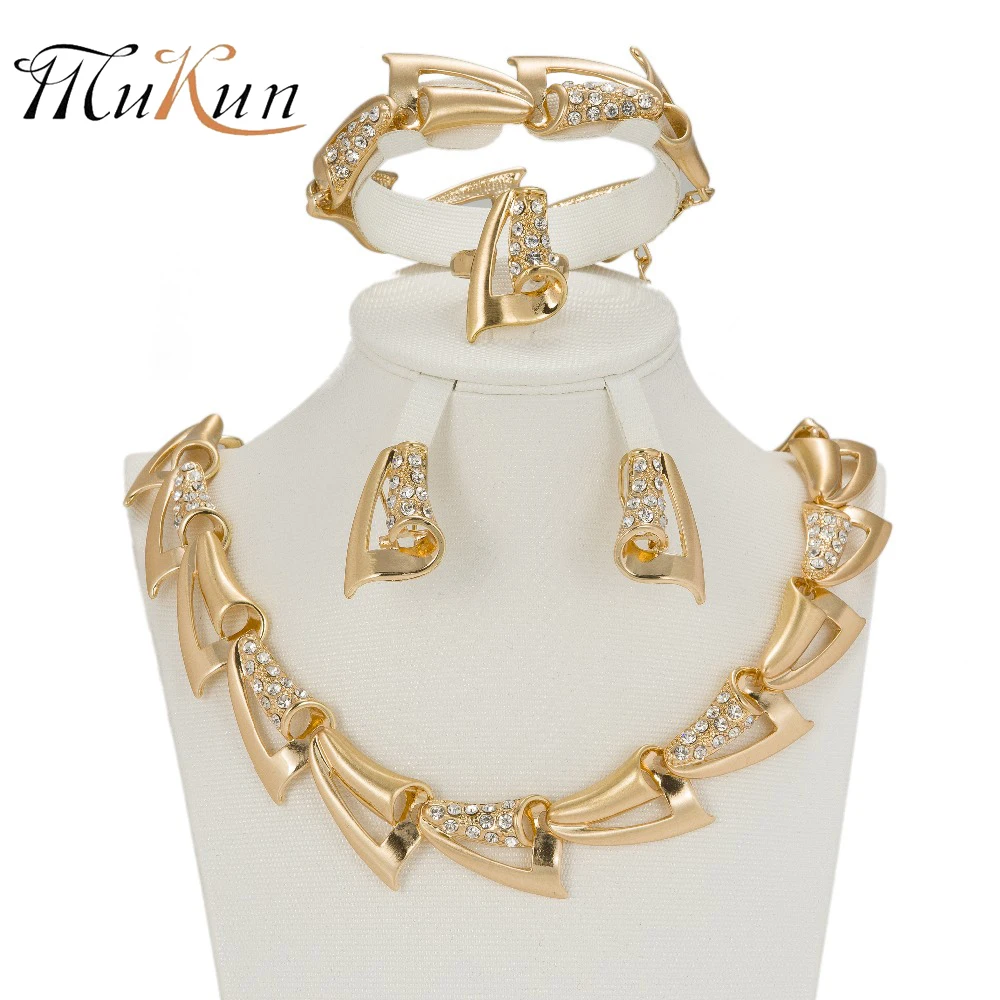 

MUKUN Bridal Gift Nigerian Wedding African Beads Jewelry Set Fashion Dubai Gold color Jewelry Set For Lady Costume accessories
