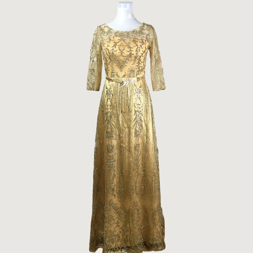 Gold Sparkly Sequined Half Sleeve Sheer Muslim Dubai Long Evening Dresses with Sash Vestido De Festa