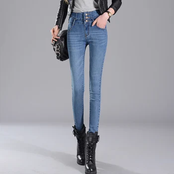 

HANZANGL Basic Jeans Vintage High Waist Stretched Jeans Femme Women Washed Blue Denim Skinny Jeans Classic Pencil Pants 26~32