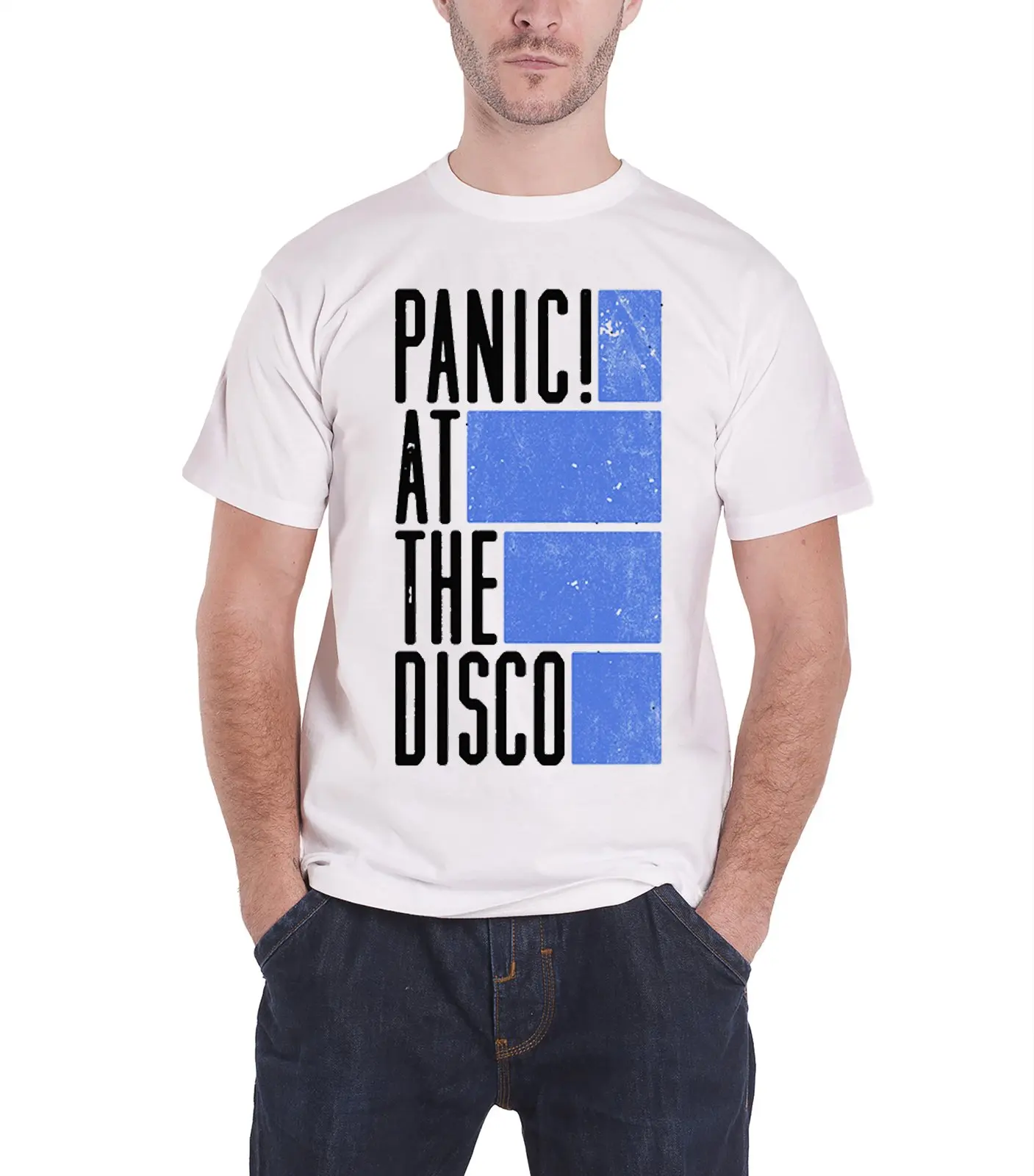 

Panic at the Disco Mens T Shirt White Bars Band Logo Official