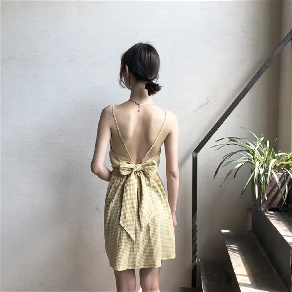 Sexy Backless Beach Dress 2018 Summer 2 types Short&long Plaid Vacation Dress Casual Vestidos Strapless Women Bow Dresses (8)