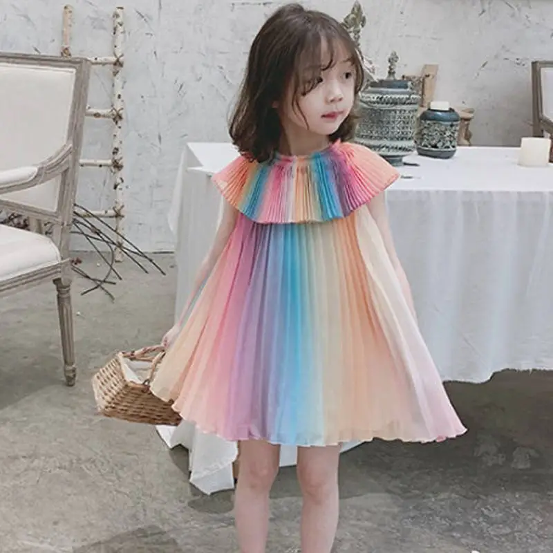 Новинка моды летнего сезона, для девочек-подростков шифоновое плиссированное платье детские радужные платья в полоску для девочек; для маленьких девочек; Одежда для девочек; Vestido L355