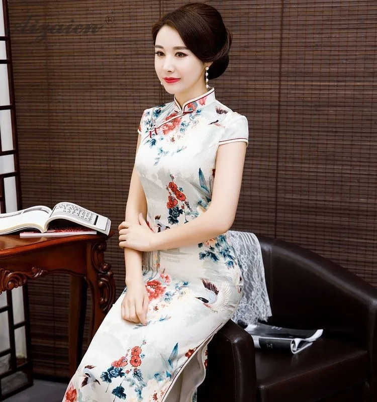 2019 сезон: весна-лето печати Cheongsam Длинные платья для женщин Традиционный китайский костюмы Qi Pao Orientale подобные шелковое платье