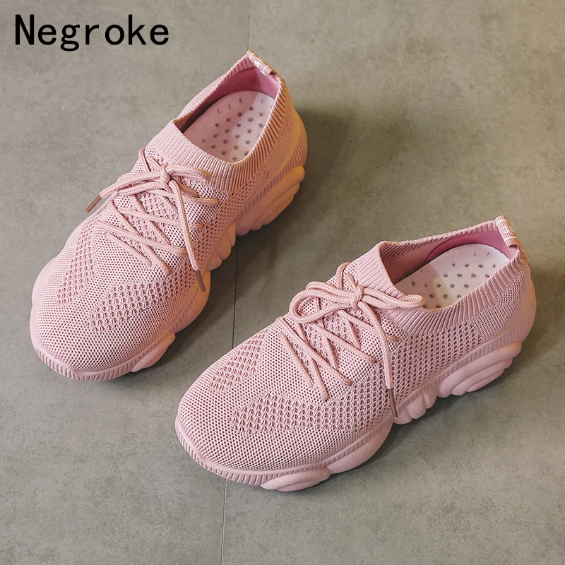 

2019 Brand Designer Women Vulcanize Shoes New Platform Sneakers Breathable Flyknit Casual Shoes Woman Lace Up Tenis Feminino