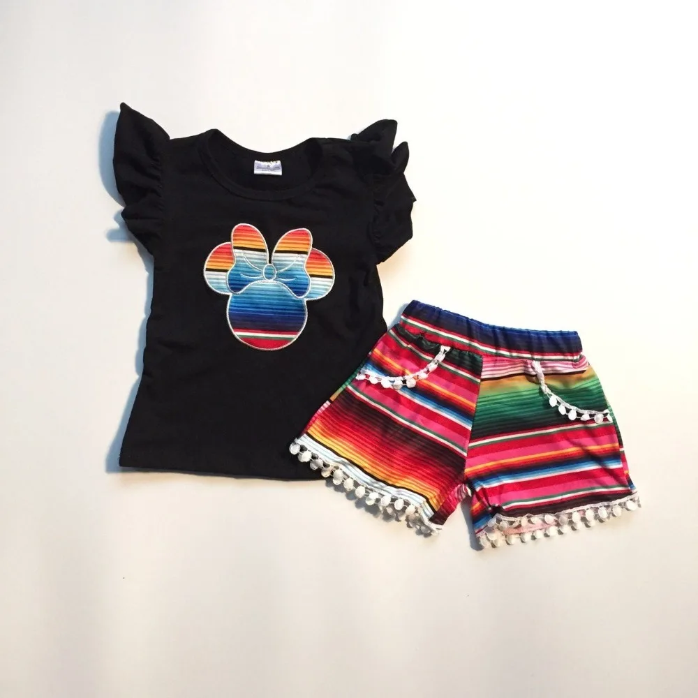 

new arrivals summer baby girls children clothes outfits black mouse top serape pom-pom shorts boutique milk silk cotton ruffles