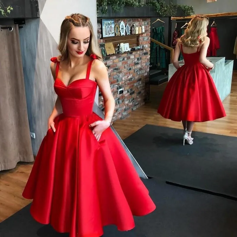 Dark Red Ball Gown Prom Dresses Sweetheart Straps Satin Tea Length Cocktail Party Dresses Sexy Backless Midi Evening Gowns 99