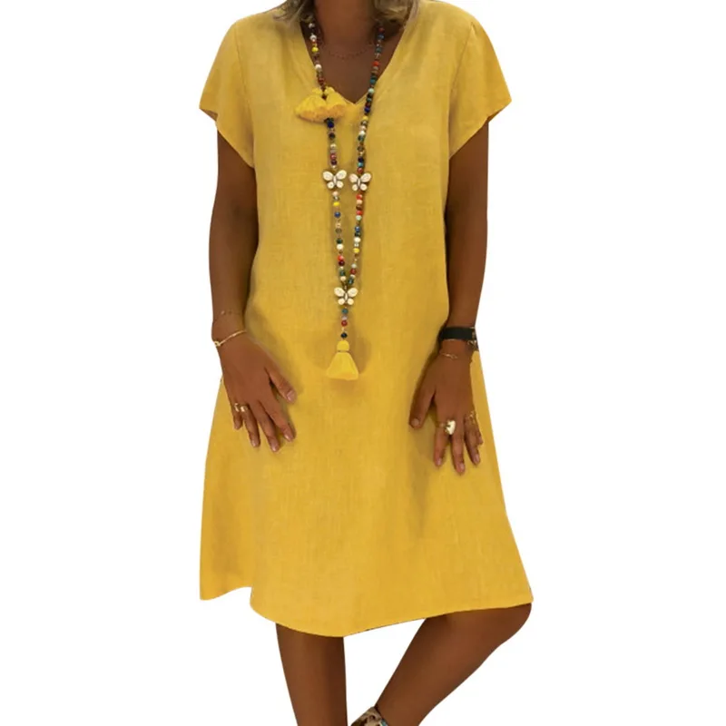 

LASPERAL Summer Bohemian Backless Sleeves Solid Color Sexy Dress for Female Loose V-neck Dress Short Sleeve Casual Cotton Dress