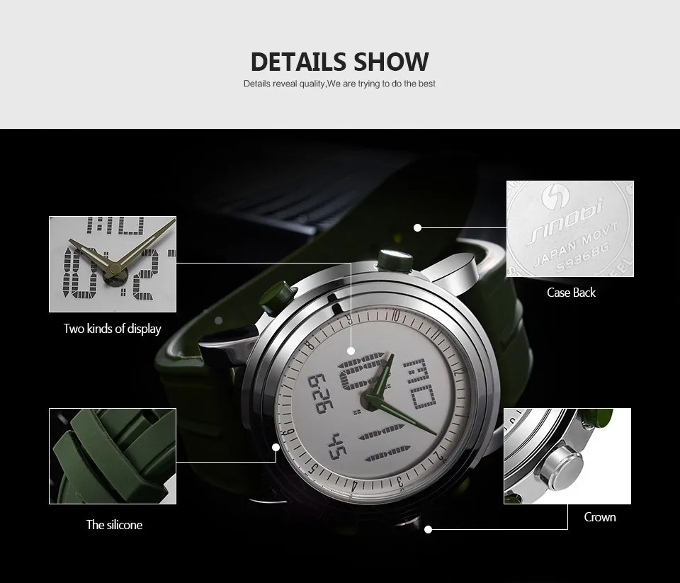 SINOBI Sports Watches Men Dual Display Analog Digital LED Electronic Quartz Wristwatches Men Multifunctional Waterproof Watch