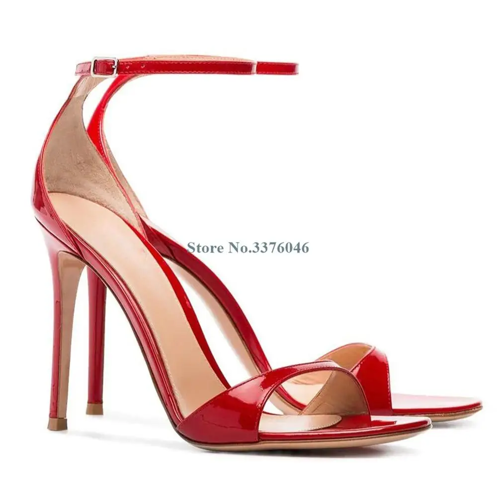 

New Single Strap Thin High Heel Sandals Red Patent Leather Buckle Strap Stiletto Heel Sandals Elegant Sexy Women Banquet Shoes