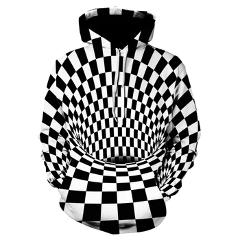 

Black and white checkered vertigo hypnotic personality hoodie autumn men wear high quality plus-size pullover hoodie