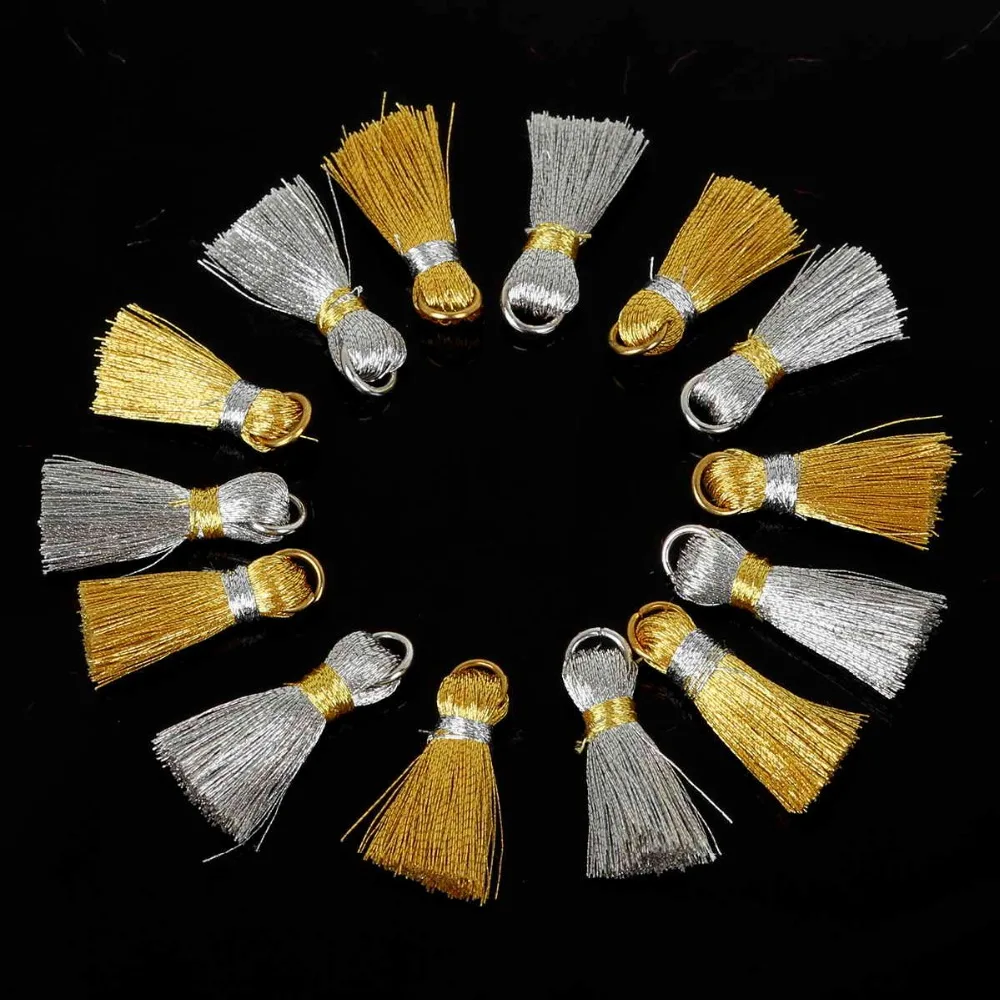 cheap 2018 New 20mm 100pcs bag Silk Mini Tassel Charms Jewelry Fringe Keychain Cellphone Straps Pendant Golden silver tassel