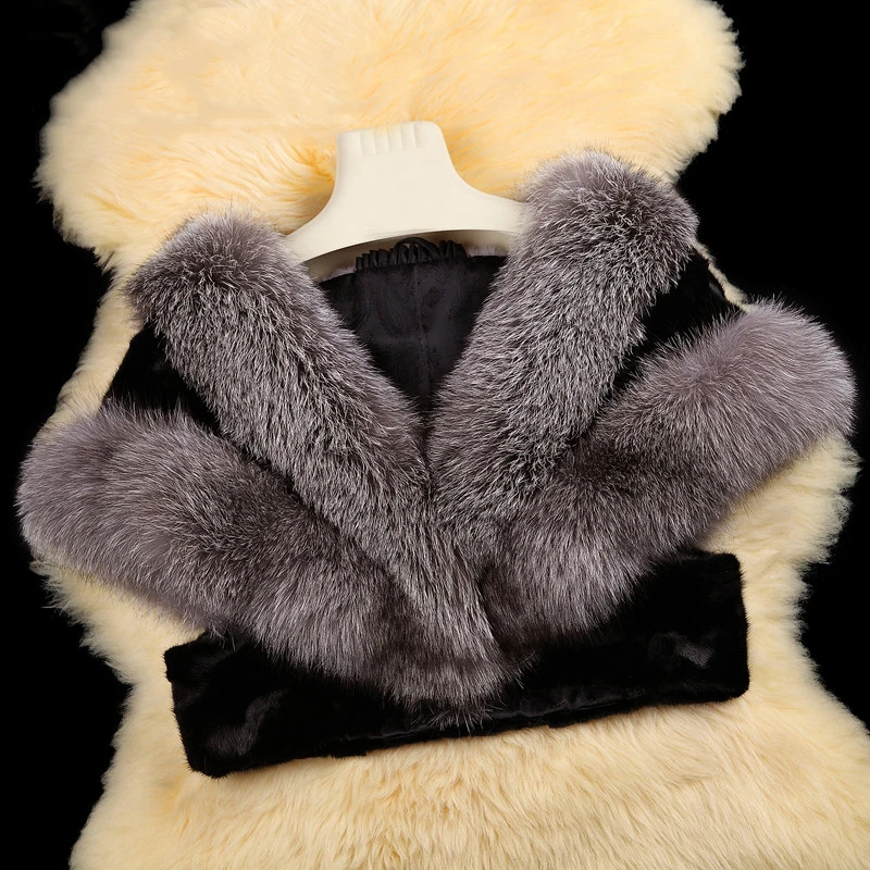 Роскошный мех норки шаль с лисой меховой воротник натурального меха норки пиджаки короткие рукав «летучая мышь» rf0208