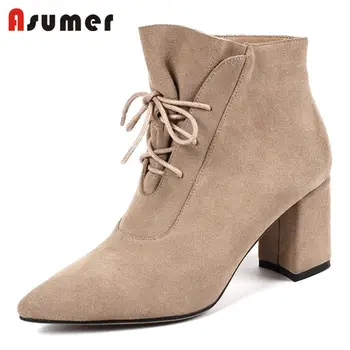 

ASUMER 2020 HOT fashion cross tied cow suede leather boots pointed toe ankle boots women square high heels spring autumn boots
