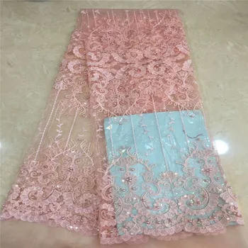 

Madison African Lace Fabrics Peach French Lace Fabric,2019 High Quality Sequins Beads Lace For Nigerian Women 5yard