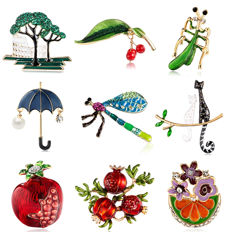 

New Charm Enamel Animal Plant Fruit Brooch Badge Women Kids Pomegranate Cherry Pearl Rhinestone Painting Oil Brooch Jewelry