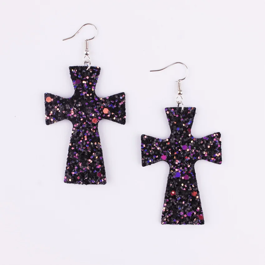 

10 Colors Glitter Cross Leather Dangle Drop Earrings for Women