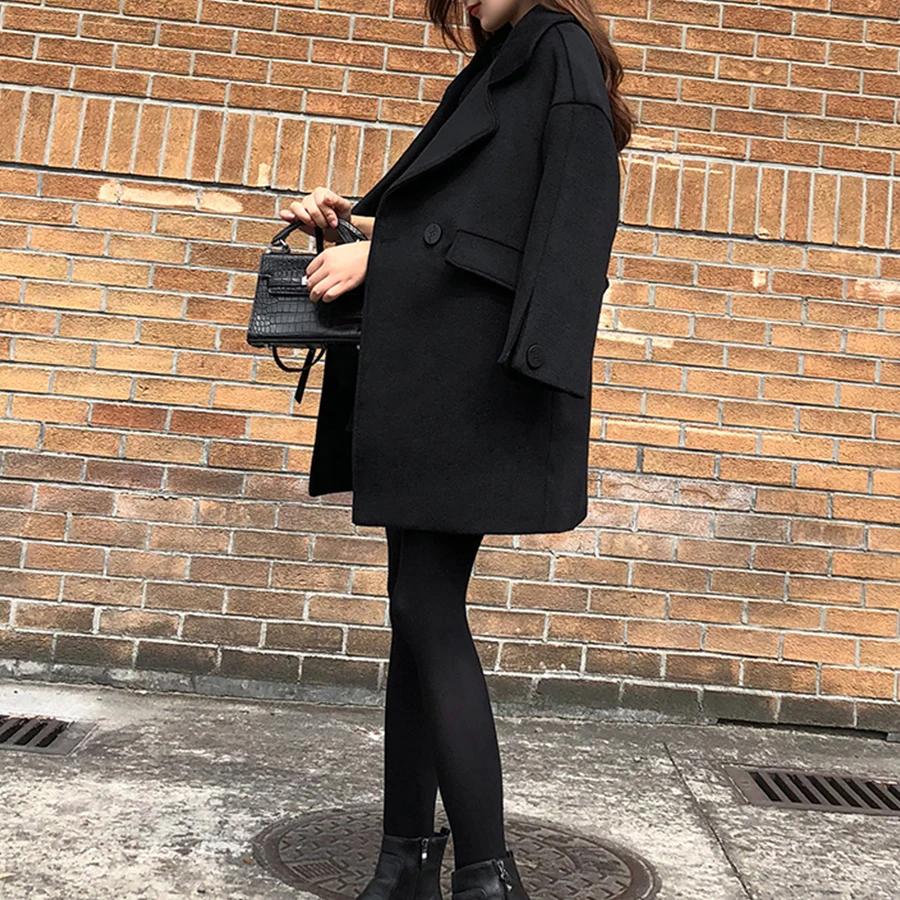 Mulena Loose Thick Black Long Wool Blends Coats Women Solid Double Breasted Pockets Office Work Ladies Winter Hardy Warm Coats Mulena Loose Thick Black Long Wool Blends Coats Women Solid Double Breasted Pockets Office Work Ladies Winter Hardy Warm Coats