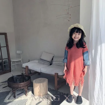 

2018 spring new children's clothing girls sweaters girls denim stitching dress girls in the long paragraph hole sweater