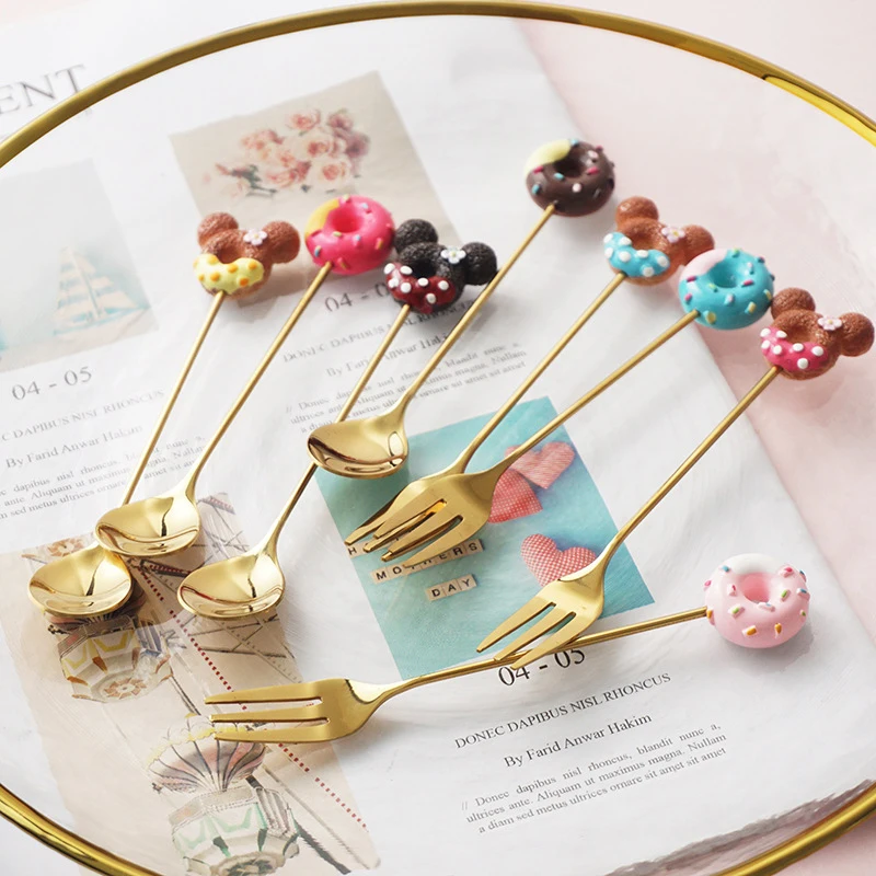 

Stainless Steel Donut Fruit Fork Cute Mouse Dessert Scoops Cartoon Colorful Fork Coffee Shop Tea Scoop Children Dinner Tools 4pc