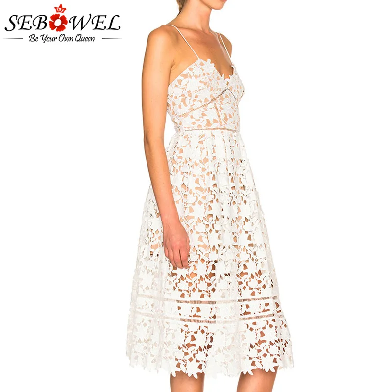 SEBOWEL Elegant Red Lace Spaghetti Strap Party Skater Dress Women Sexy Hollow Out Nude Illusion Backless A-Line Midi Dresses SEBOWEL Elegant Red Lace Spaghetti Strap Party Skater Dress Women Sexy Hollow Out Nude Illusion Backless A-Line Midi Dresses