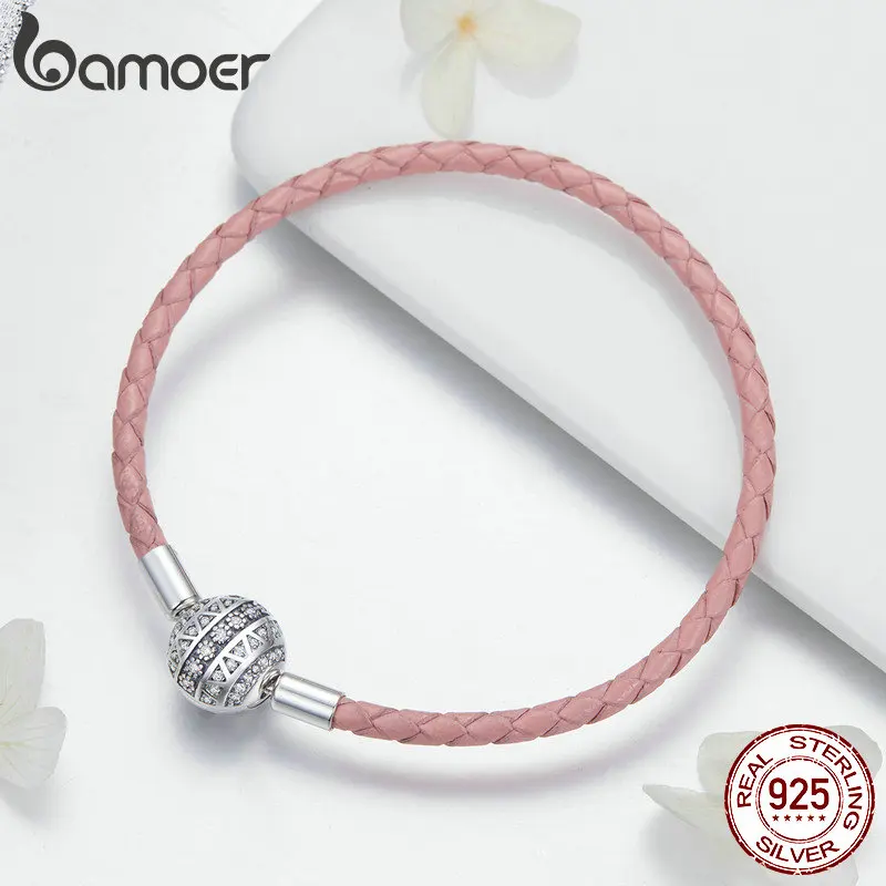 Buy BAMOER Genuine 925 Sterling Silver Round Clasp Dazzling Clear CZ Leather Bracelets for Women Sterling Silver Jewelry SCB114