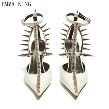

Pumps Woman Punk Style Long Rivets Spiked Pointed Toe Thin High Heels Ladies T-Strap Shoes Women Fashion Roman Gladiator