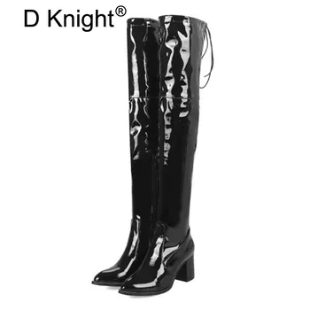 

Patent Leather Sexy Thigh High Heel Boots Winter Women Over the Knee Boots Big Size 33-48 Ladies Shoes Platform Pole Dance Boots