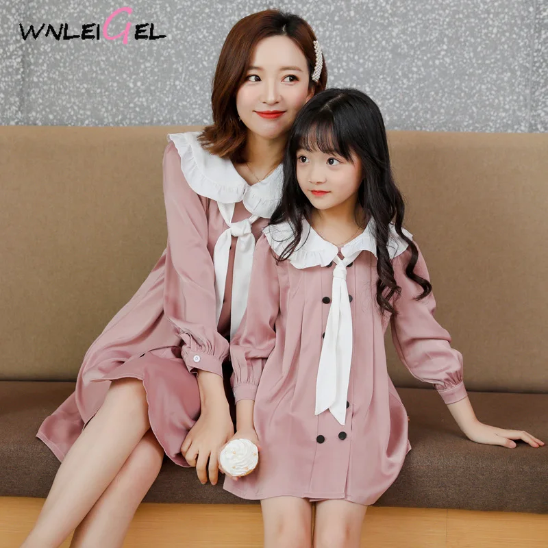 

WLG family matching clothes mother and daughter white pink navy style dress mommy and me dresses