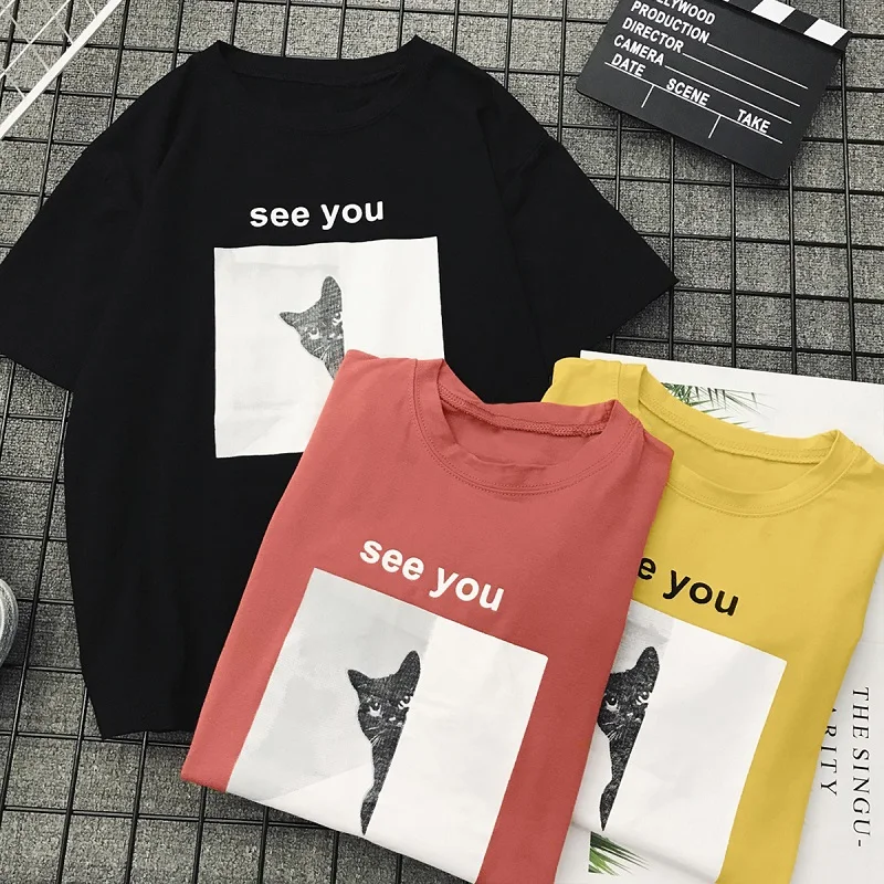 Cute Cat Letter Cartoon Print Funny T Shirts Women 2018 O-neck Short Sleeve Casual Summer Tops Femme Streetwear | Женская одежда